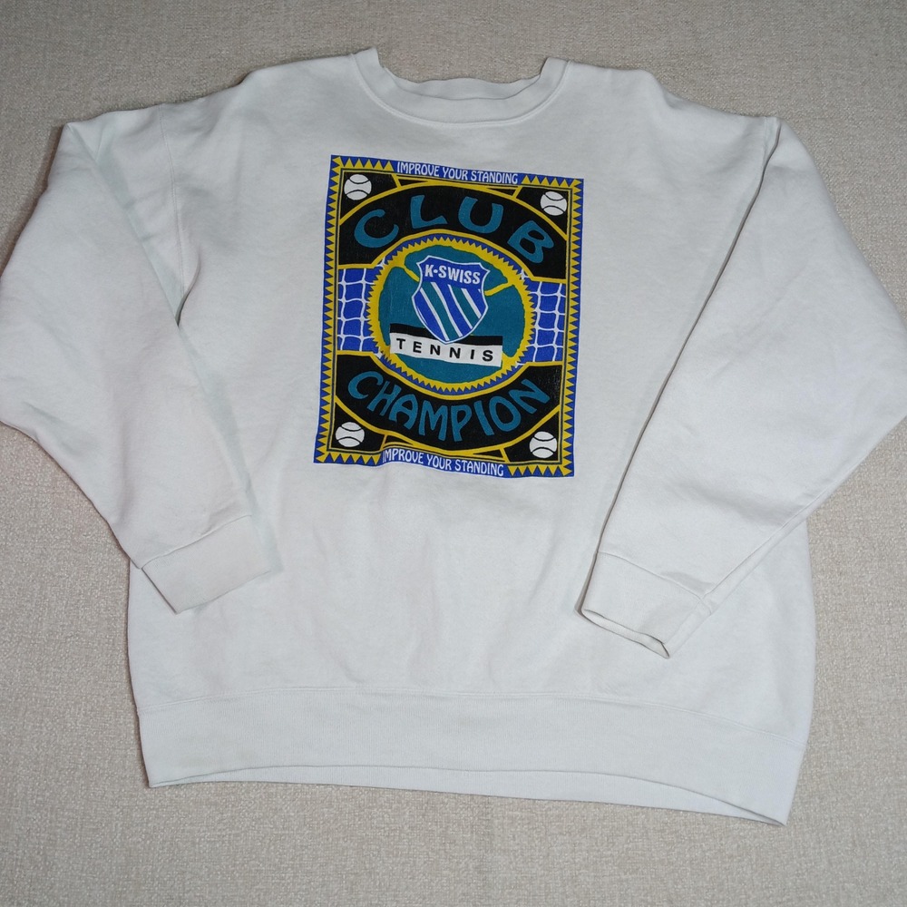 VTG K-Swiss Club Champion Tennis Sweatshirt Oneita White Mens XL USA Crewneck